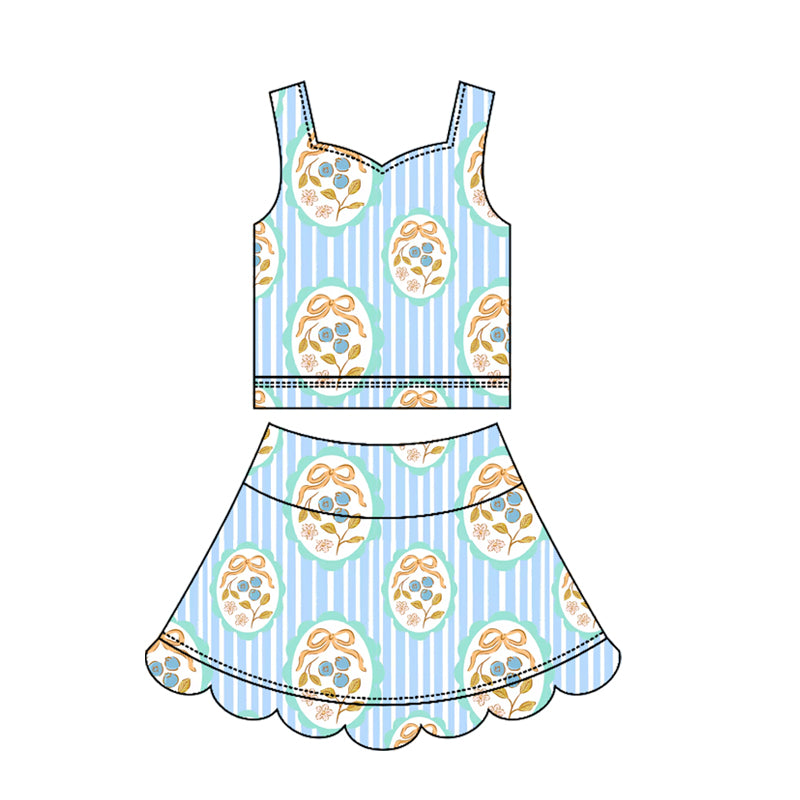 GSD3951 Preorder Baby Girl Flower Bows Stripe Top Scallop Skirt Short Yoga Active Clothes Set
