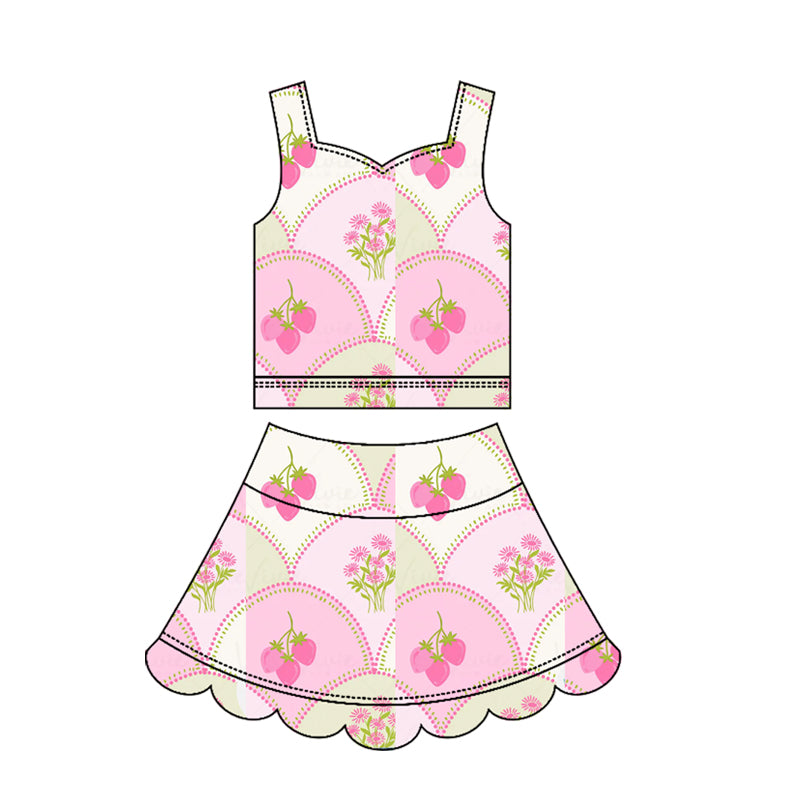 GSD3952 Preorder Baby Girl Flower Strawberry Top Scallop Skirt Short Yoga Active Clothes Set