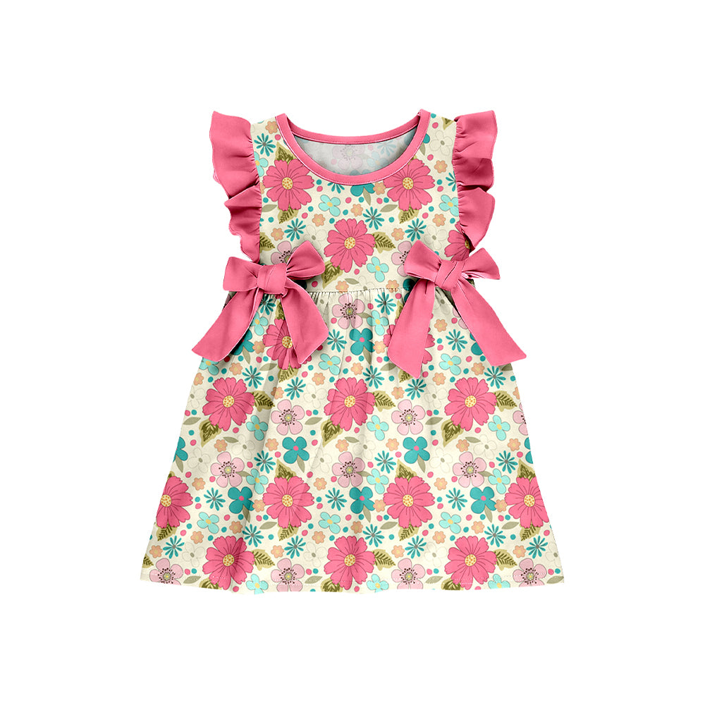 GSD3953 Preorder Baby Girl Flutter Sleeve Colorful Flowers Knee Length Dresses