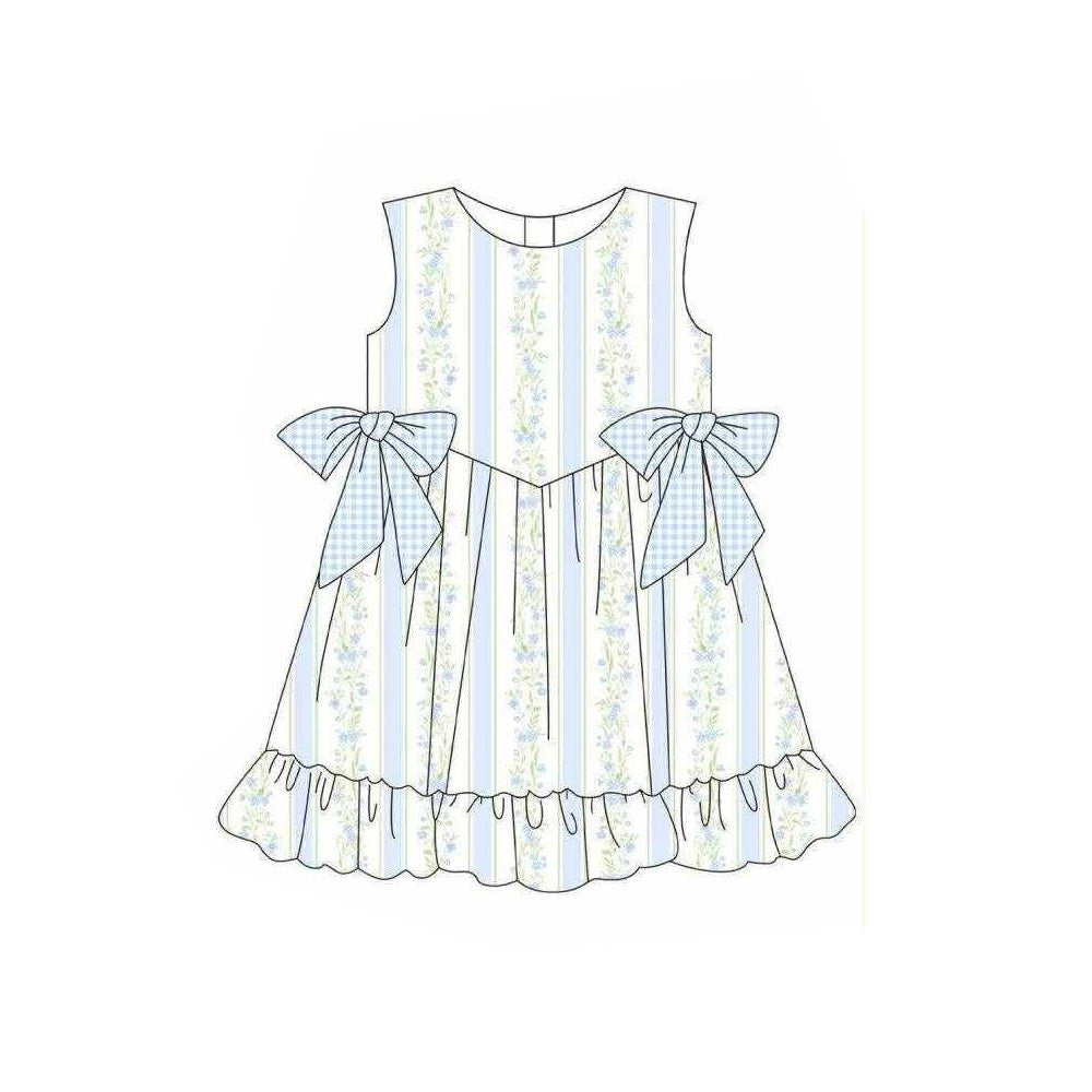 GSD3955 Preorder Baby Girl Sleeveless Blue Flowers Stripe Ruffle Knee Length Dresses