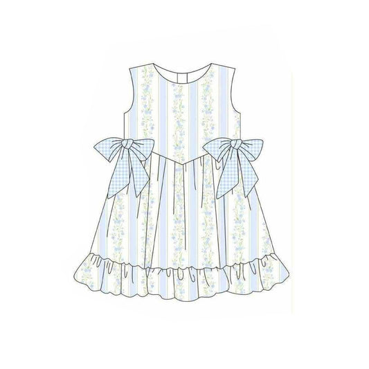 GSD3955 Preorder Baby Girl Sleeveless Blue Flowers Stripe Ruffle Knee Length Dresses