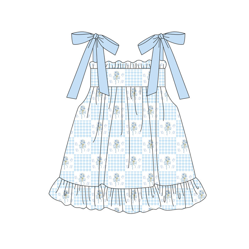 GSD3956 Preorder Baby Girl Strap Blue Flowers Checked Ruffle Knee Length Dresses