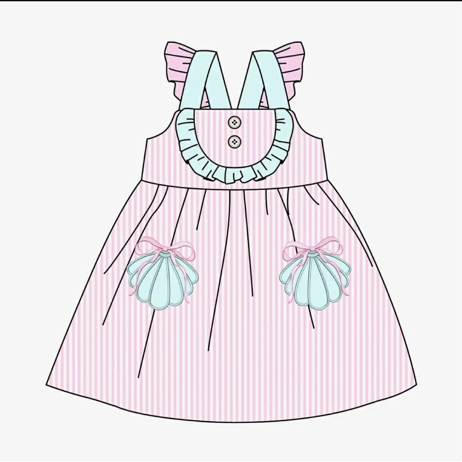 GSD3958 Preorder Baby Girl Pink Stripe Button Bows Pockets Knee Length Dresses