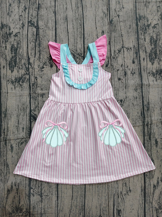 GSD3958 Preorder Sample Embroidery Baby Girls Pink Stripe Button Bows Pockets Knee Length Dresses