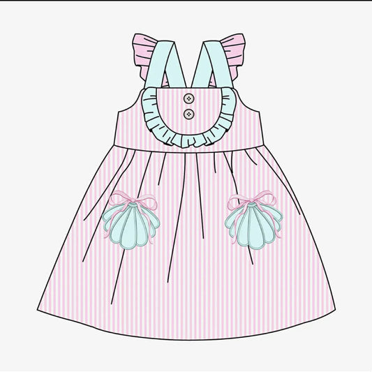 GSD3958 Preorder Baby Girl Pink Stripe Button Bows Pockets Knee Length Dresses