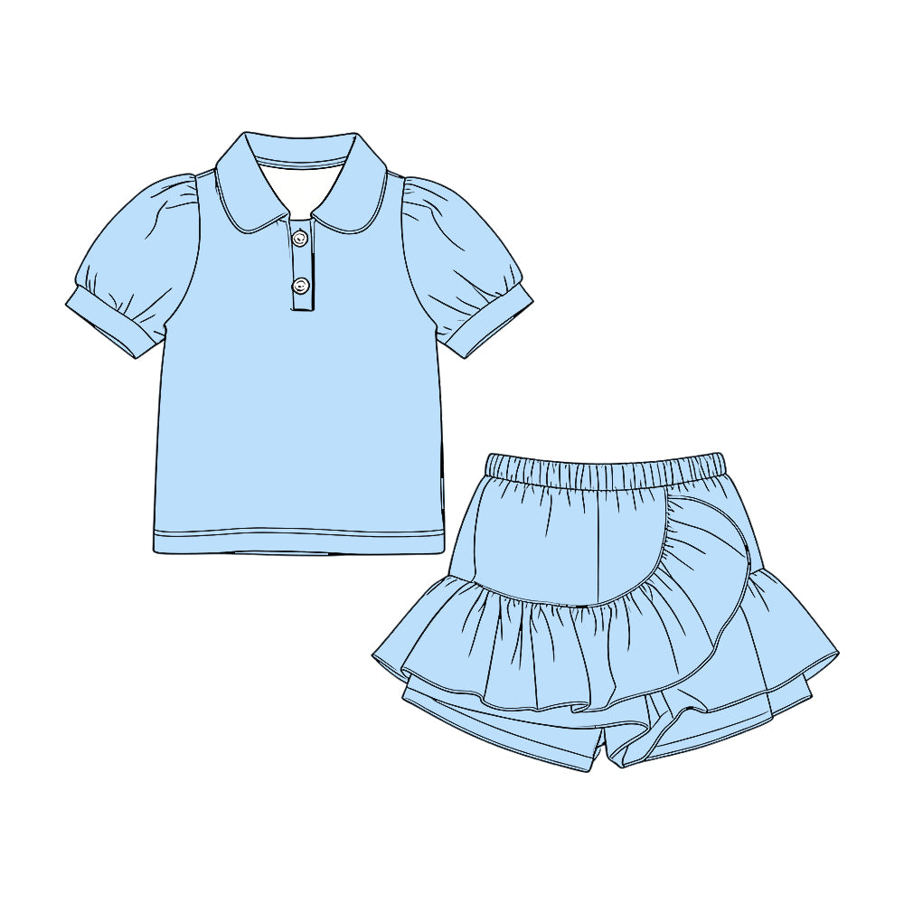 GSD3959 Preorder Baby Girl Blue Short Sleeve Button Polo Shirts Ruffle Skirt Shorts Clothes Set