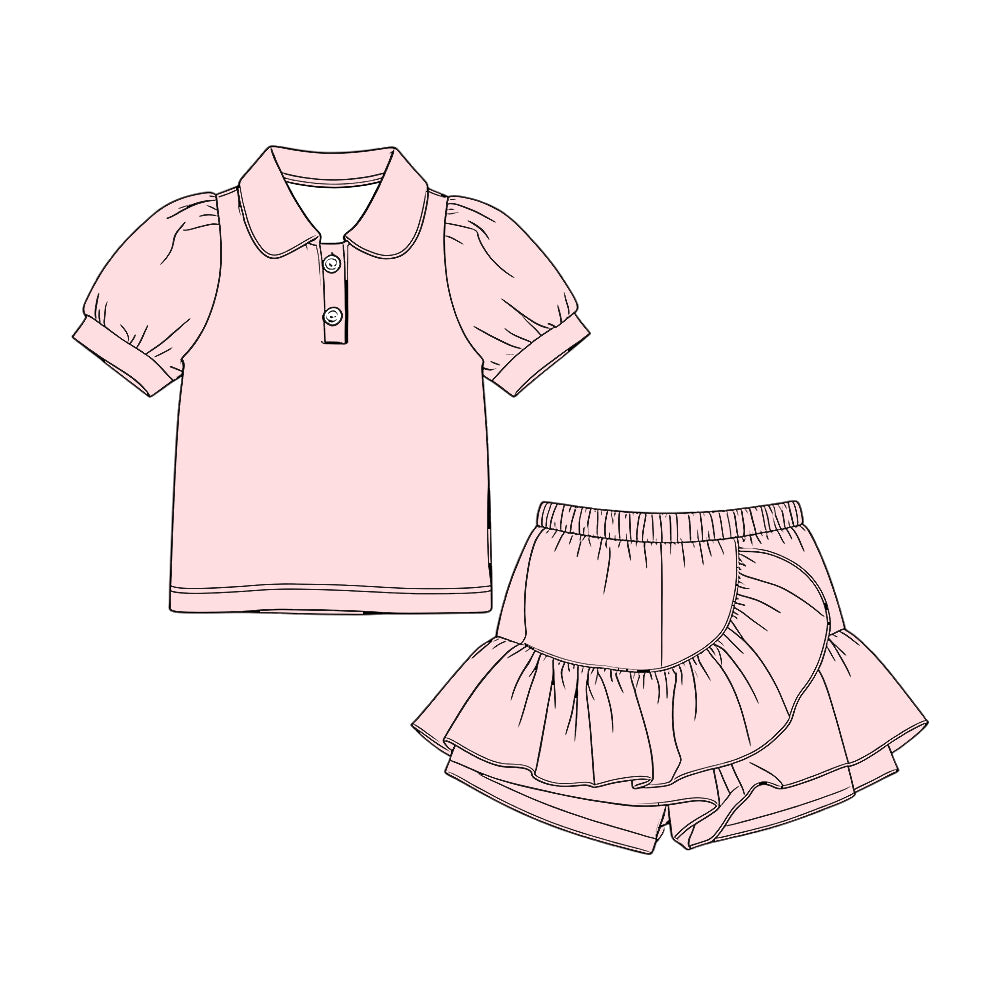 GSD3961 Preorder Baby Girl Pink Short Sleeve Button Polo Shirt Ruffle Skirt Shorts Clothes Set