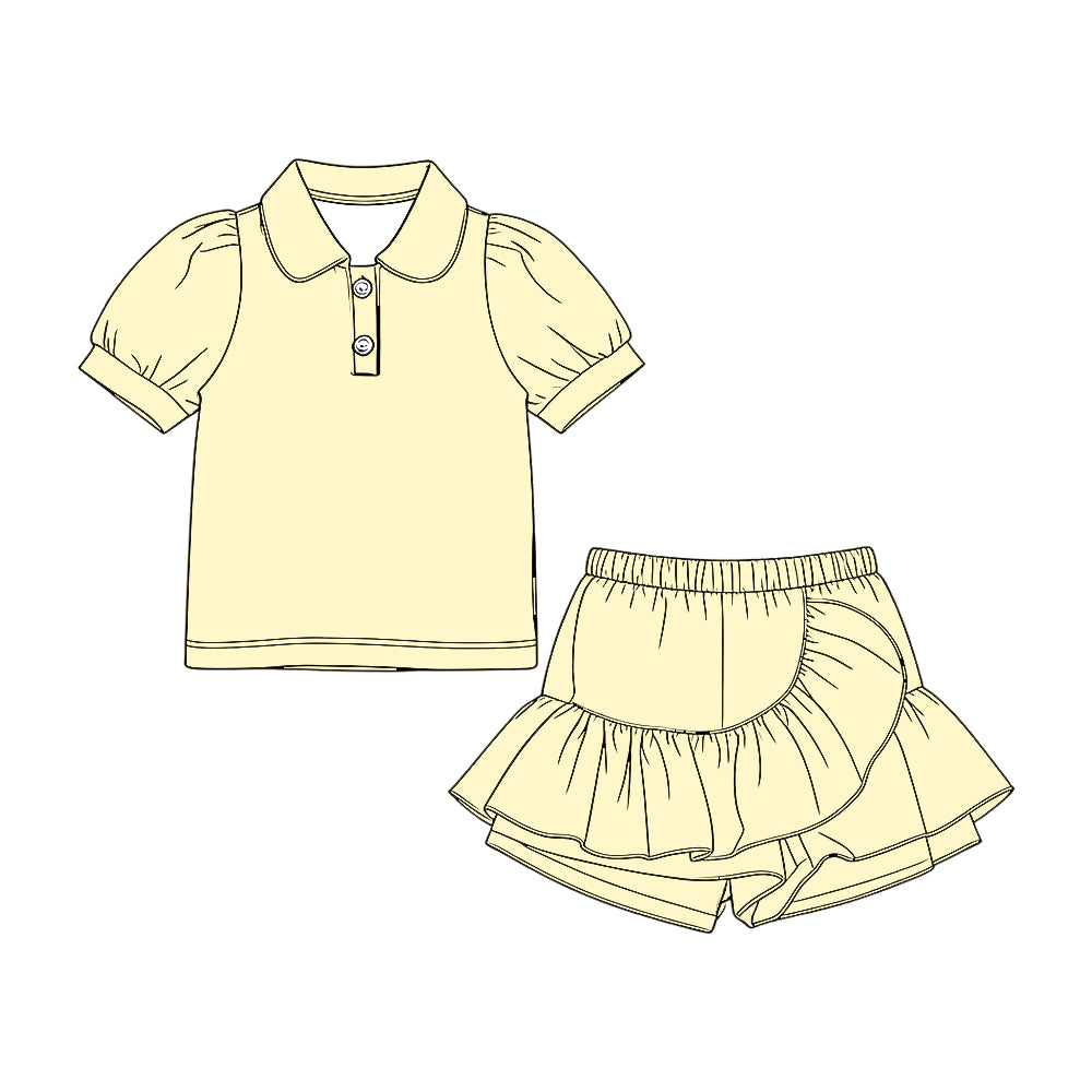 GSD3963 Preorder Baby Girl Yellow Short Sleeve Button Polo Shirt Ruffle Skirt Shorts Clothes Set