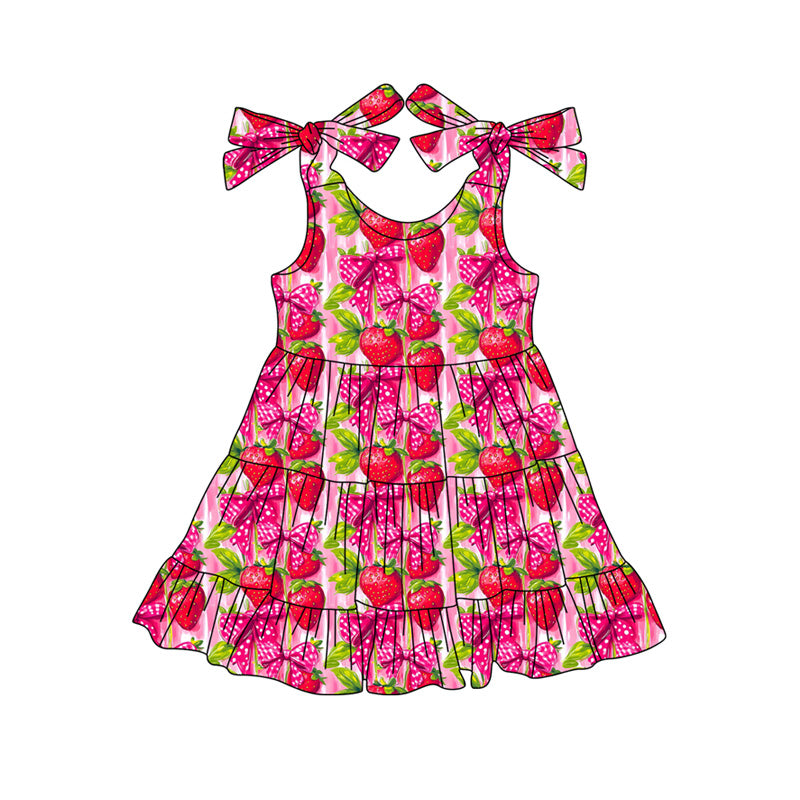 GSD3964 Preorder Baby Girl Strap Bows Strawberry Patchwork Knee Length Dresses
