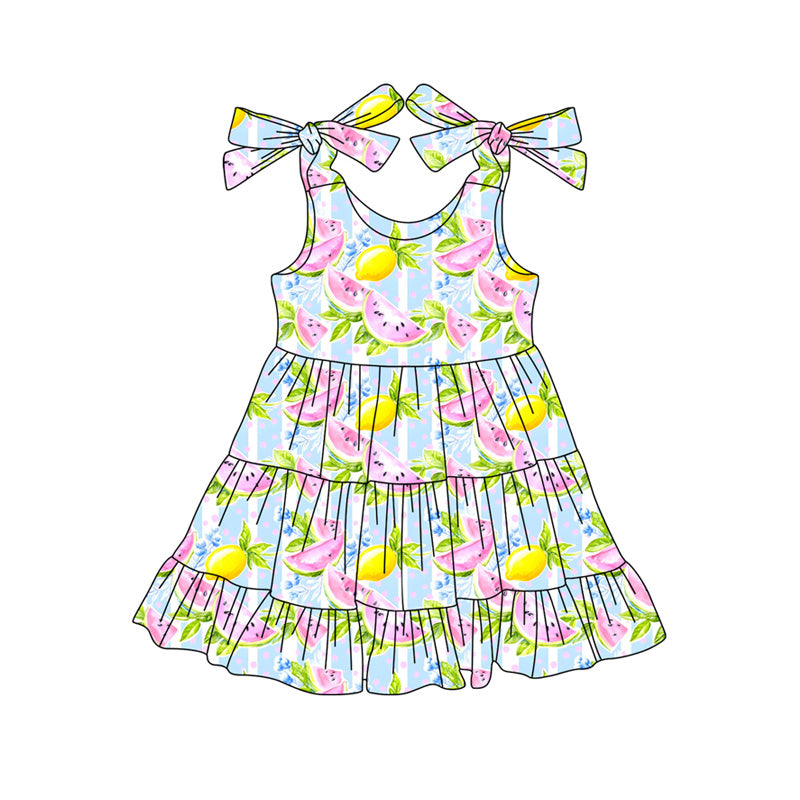 GSD3965 Preorder Baby Girl Strap Watermelon Lemons Patchwork Knee Length Dresses