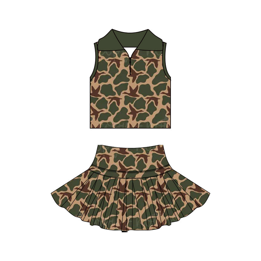 GSD3968 Preorder Baby Girl Green Ducks Camo Zipper Top Skirt Short Yoga Active Clothes Set