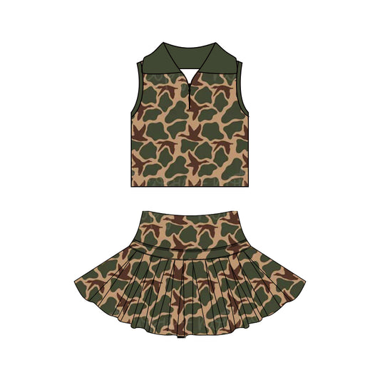 GSD3968 Preorder Baby Girl Green Ducks Camo Zipper Top Skirt Short Yoga Active Clothes Set