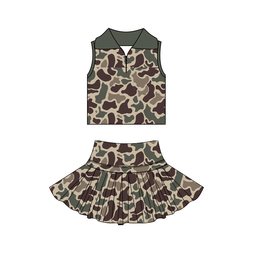 GSD3969 Preorder Baby Girl Brown Camo Zipper Top Skirt Short Yoga Active Clothes Set
