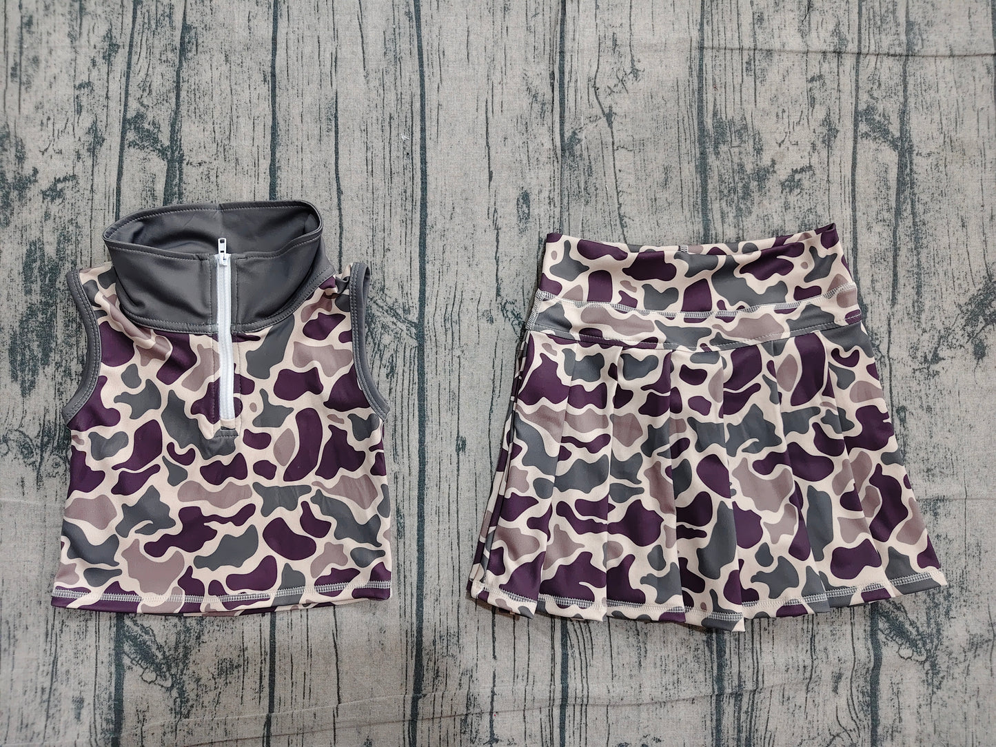 GSD3969 Preorder Sample Baby Girls Brown Camo Zipper Top Skirt Short Yoga Active Clothes Set