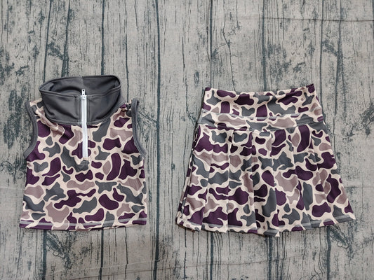 GSD3969 Preorder Sample Baby Girls Brown Camo Zipper Top Skirt Short Yoga Active Clothes Set