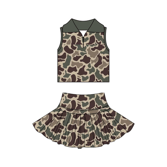 GSD3969 Preorder Baby Girl Brown Camo Zipper Top Skirt Short Yoga Active Clothes Set