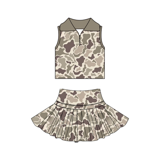 GSD3970 Preorder Baby Girl Khaki Camo Zipper Top Skirt Short Yoga Active Clothes Set