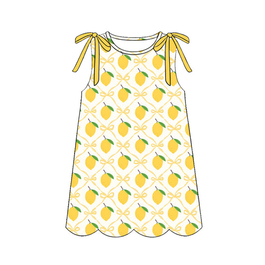 GSD3973 Preorder Baby Girl Sleeveless Bows Lemons Checked Scallop Knee Length Dresses
