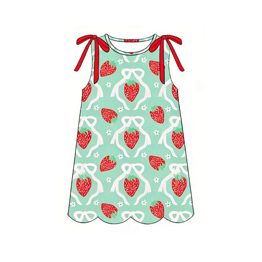 GSD3975 Preorder Baby Girl Sleeveless Bows Strawberry Scallop Knee Length Dresses
