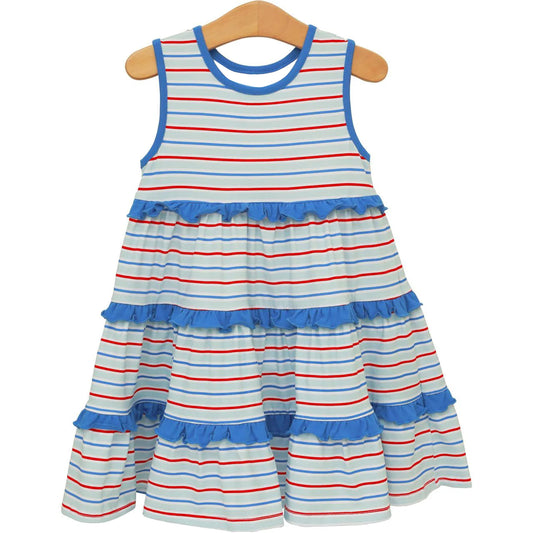 GSD3985 Preorder Baby Girl Sleeveless Red Blue Stripe 4th of July Patchwork Knee Length Dress