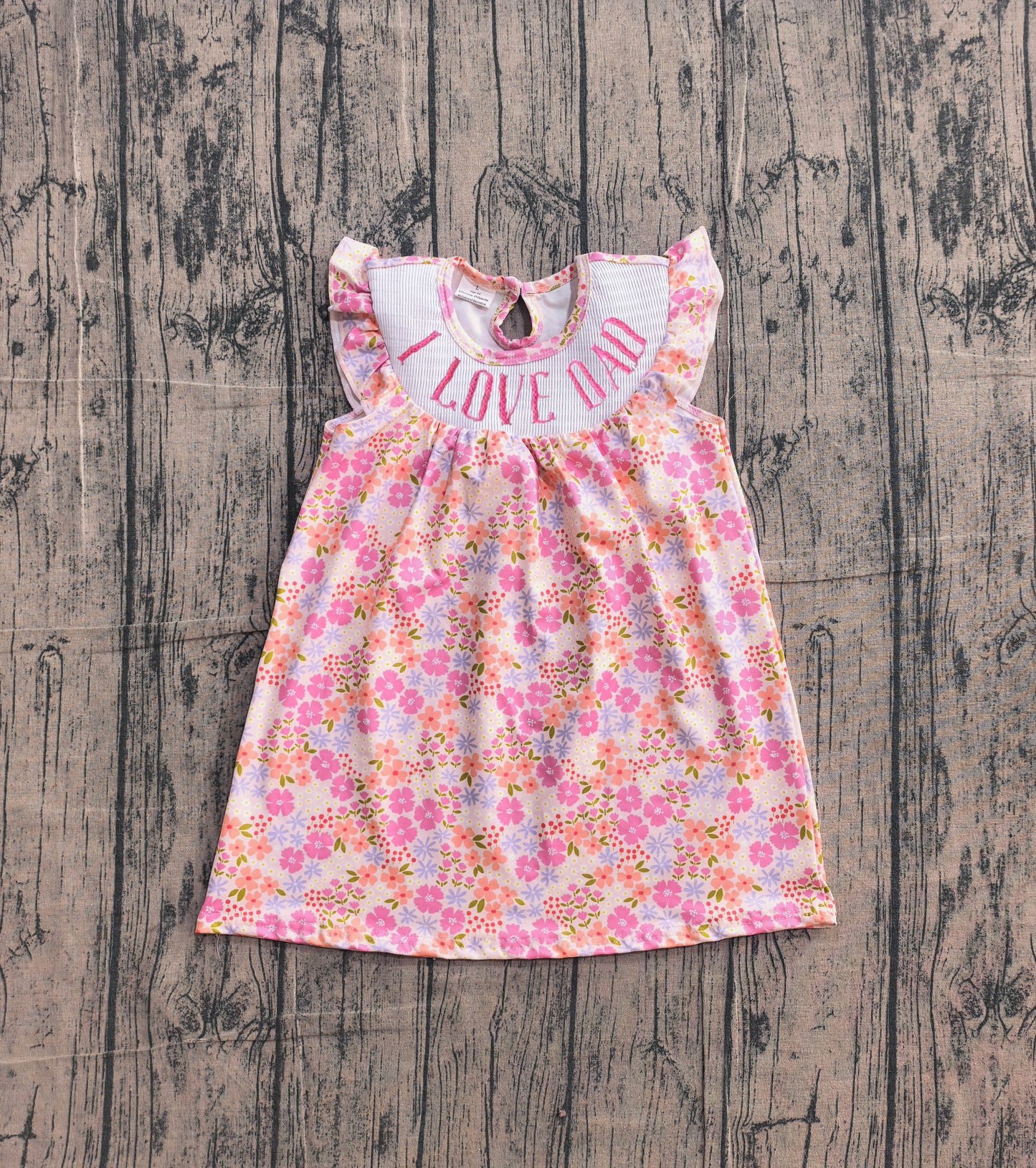 GSD3986 Preorder Sample Smocked I Love Dad Baby Girls Flutter Sleeve Flowers Knee Length Dress