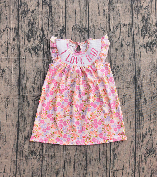 GSD3986 Preorder Sample Smocked I Love Dad Baby Girls Flutter Sleeve Flowers Knee Length Dress