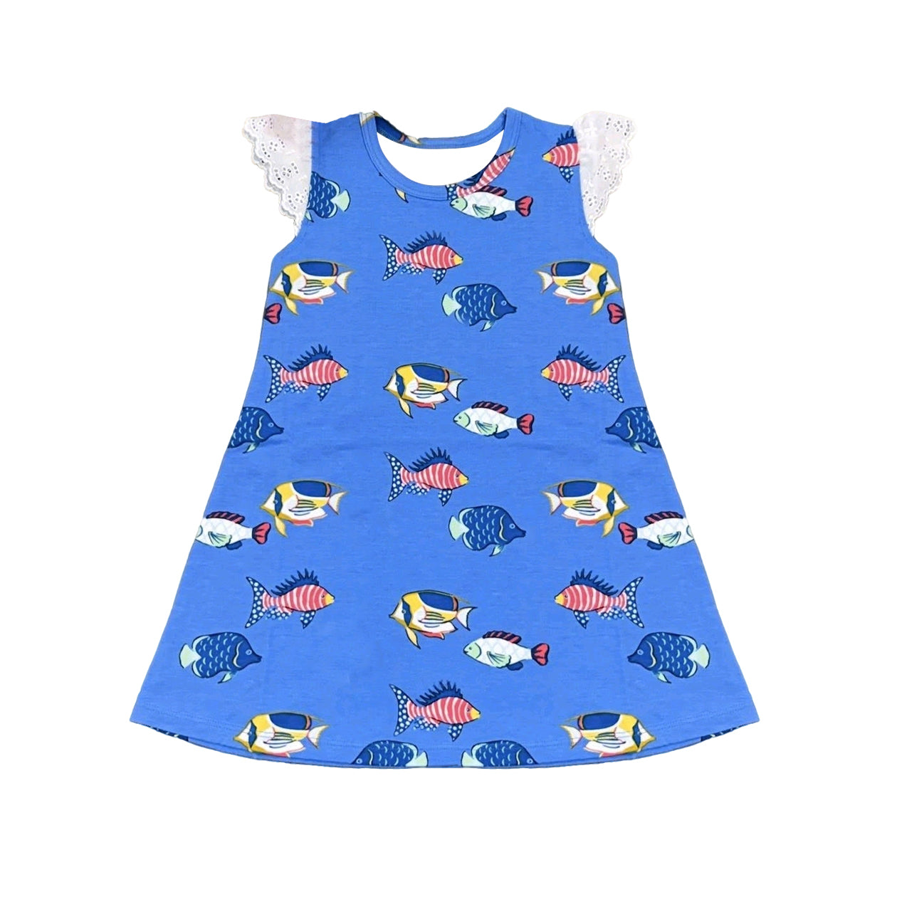 GSD3992 Preorder Baby Girl Flutter Sleeve Red Blue Fishes 4th of July Knee Length Dress