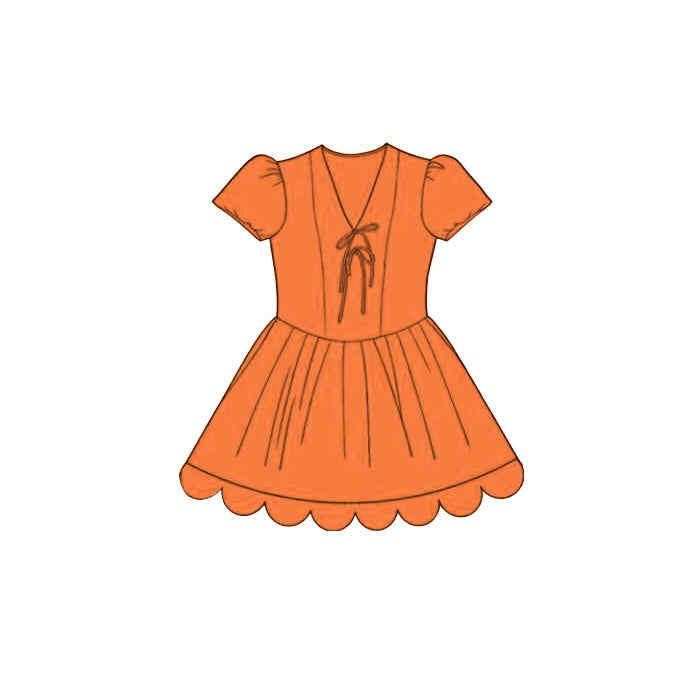 GSD3993 Preorder Baby Girl Orange Short Ruffle Sleeve Scallop Princess Knee Length Dress