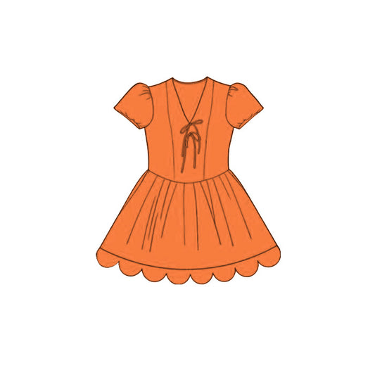 GSD3993 Preorder Baby Girl Orange Short Ruffle Sleeve Scallop Princess Knee Length Dress