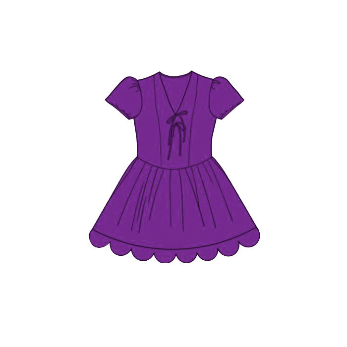 GSD3997 Preorder Baby Girl Purple Short Ruffle Sleeve Scallop Princess Knee Length Dress