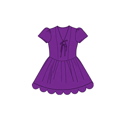 GSD3997 Preorder Baby Girl Purple Short Ruffle Sleeve Scallop Princess Knee Length Dress