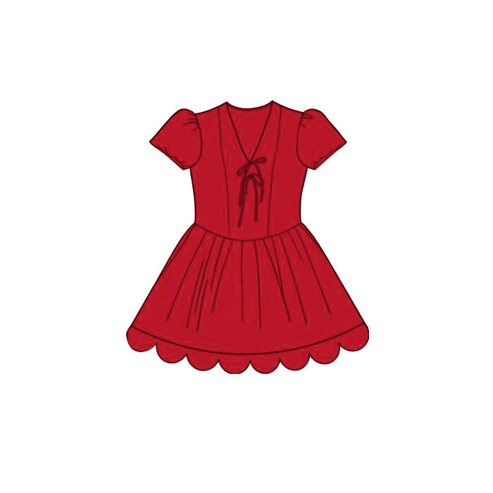 GSD3999 Preorder Baby Girl Red Short Ruffle Sleeve Scallop Princess Knee Length Dress