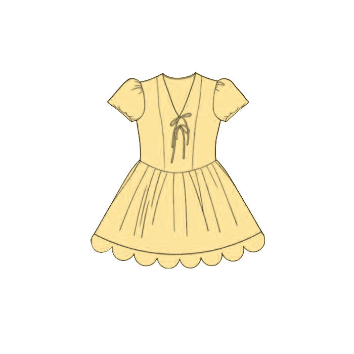 GSD4000 Preorder Baby Girl Yellow Short Ruffle Sleeve Scallop Princess Knee Length Dress