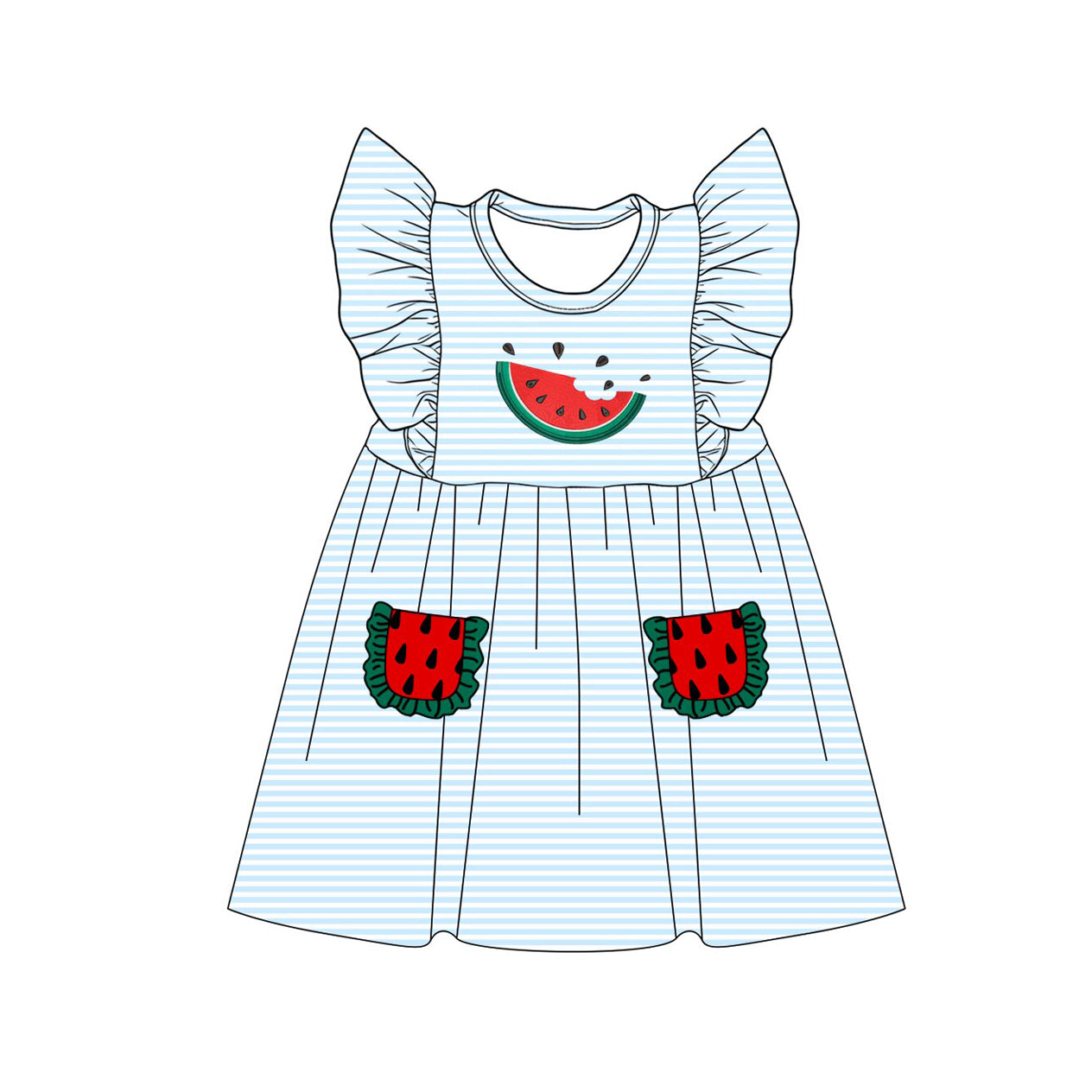 GSD4001 Preorder Baby Girl Flutter Sleeve Blue Stripe Watermelon Pockets Knee Length Dress