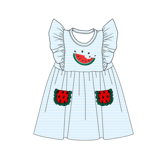 GSD4001 Preorder Baby Girl Flutter Sleeve Blue Stripe Watermelon Pockets Knee Length Dress