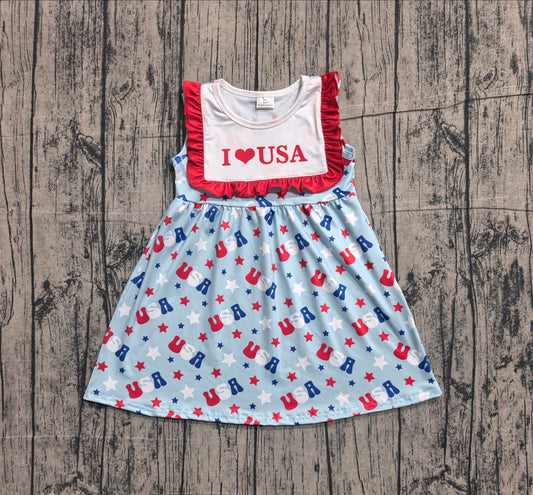 GSD4002 Preorder Sample Baby Girls Sleeveless I Love USA Stars 4th of July Knee Length Dresses