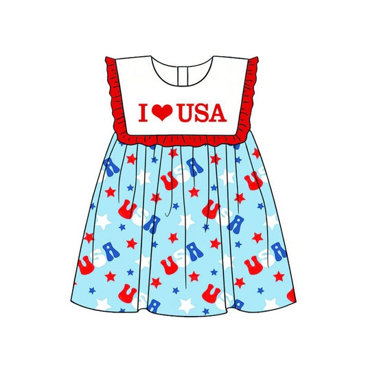 GSD4002 Preorder Baby Girl Sleeveless I Love USA Stars 4th of July knee Length Dresses