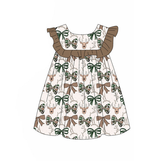GSD4004 Preorder Baby Girls Sleeveless Camo Bows Deer Hunting Knee Length Dresses