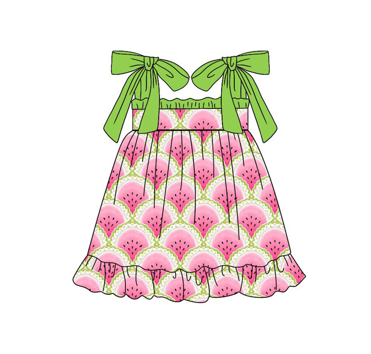 GSD4006 Preorder Baby Girls Strap Watermelons Checked Ruffle Knee Length Dresses