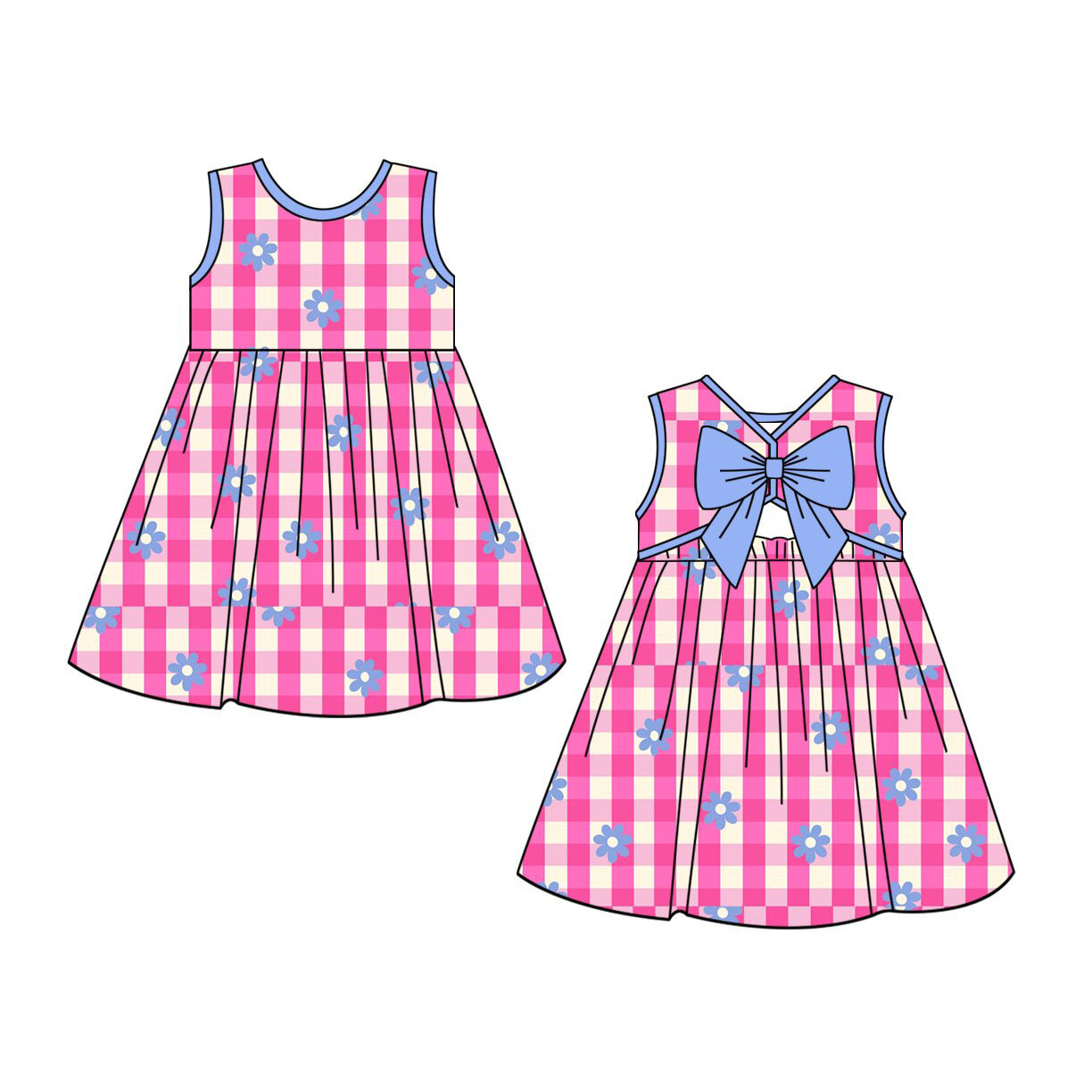 GSD4007 Preorder Baby Girls Sleeveless Pink Checked Flowers Back Bow Knee Length Dresses