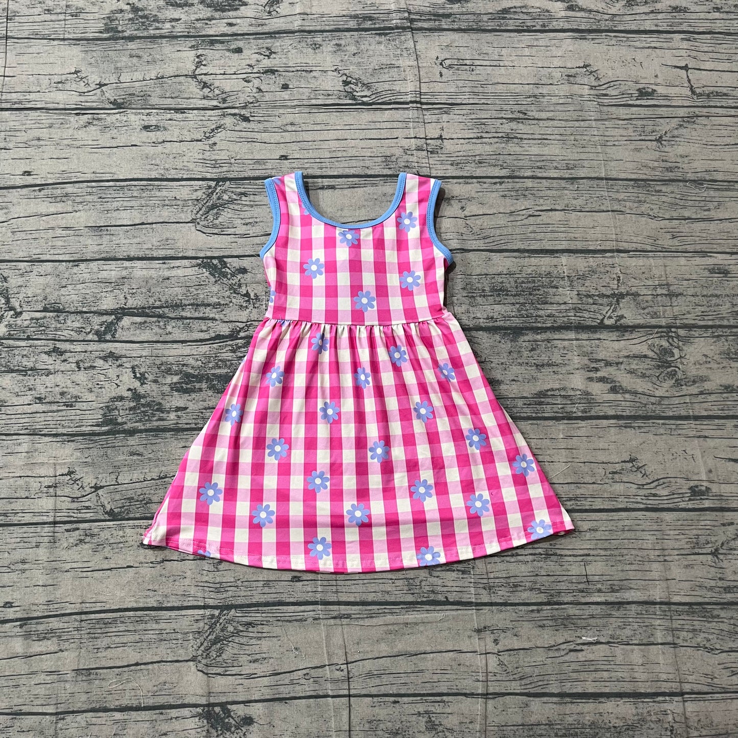 GSD4007 Preorder Sample Baby Girls Sleeveless Pink Checked Flowers Back Bow Knee Length Dresses