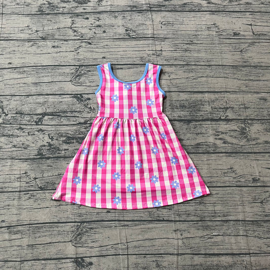 GSD4007 Preorder Sample Baby Girls Sleeveless Pink Checked Flowers Back Bow Knee Length Dresses