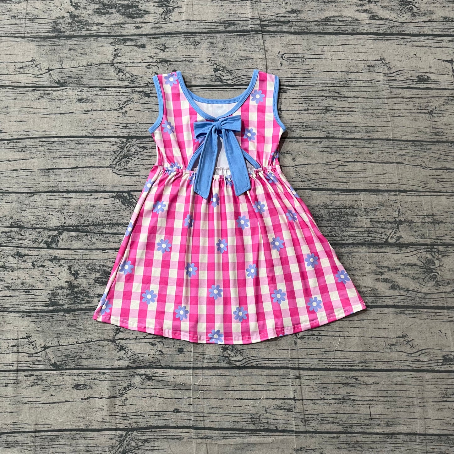 GSD4007 Preorder Sample Baby Girls Sleeveless Pink Checked Flowers Back Bow Knee Length Dresses