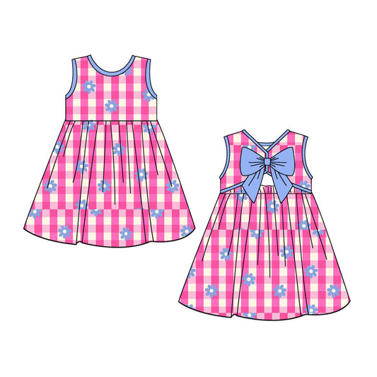 GSD4007 Preorder Baby Girls Sleeveless Pink Checked Flowers Back Bow Knee Length Dresses