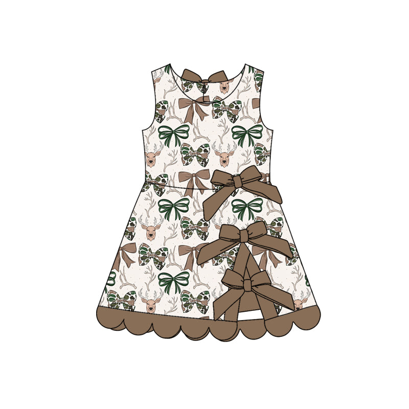 GSD4008 Preorder Baby Girls Camo Bows Deer Hunting Yoga Active Scallop Short Knee Length Dress