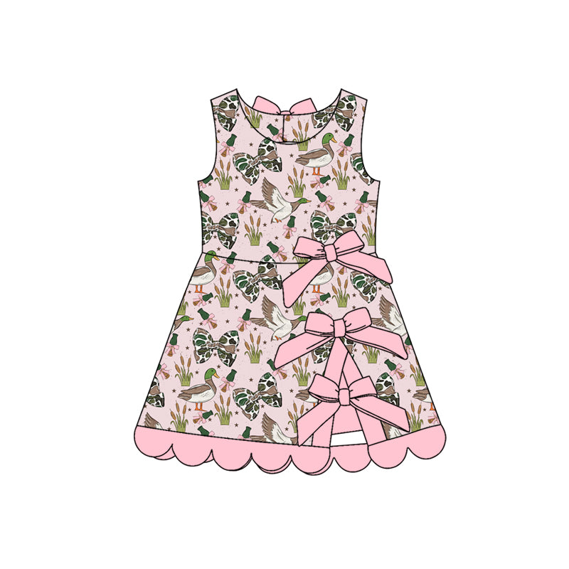 GSD4009 Preorder Baby Girls Camo Bows Ducks Hunting Yoga Active Scallop Short Knee Length Dress