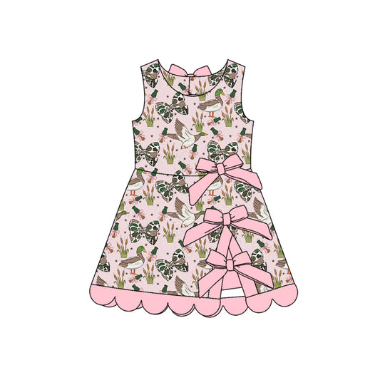 GSD4009 Preorder Baby Girls Camo Bows Ducks Hunting Yoga Active Scallop Short Knee Length Dress