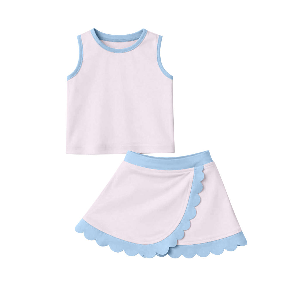 GSD4010 Preorder Baby Girls Sleeveless Light Pink Vest Scallop Skirt Short Yoga Active Clothes Set
