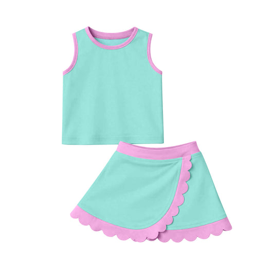 GSD4012 Preorder Baby Girls Sleeveless Light Blue Vest Scallop Skirt Short Yoga Active Clothes Set
