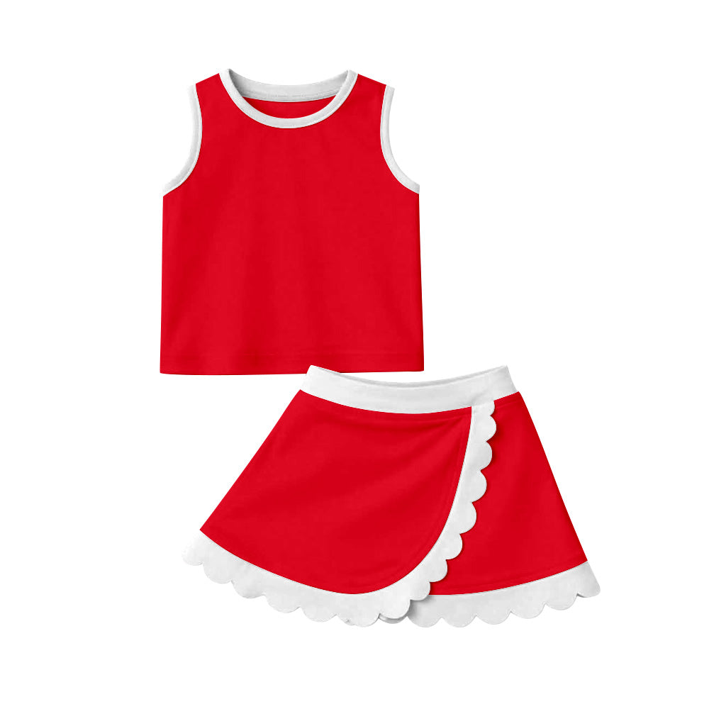 GSD4016 Preorder Baby Girls Sleeveless Red Vest Scallop Skirt Short Yoga Active Clothes Set